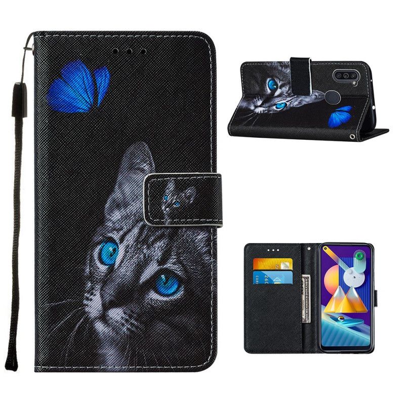 Cover Folio-hoesje Samsung Galaxy M11 Telefoonhoesje Kat En Blauwe Vlinder