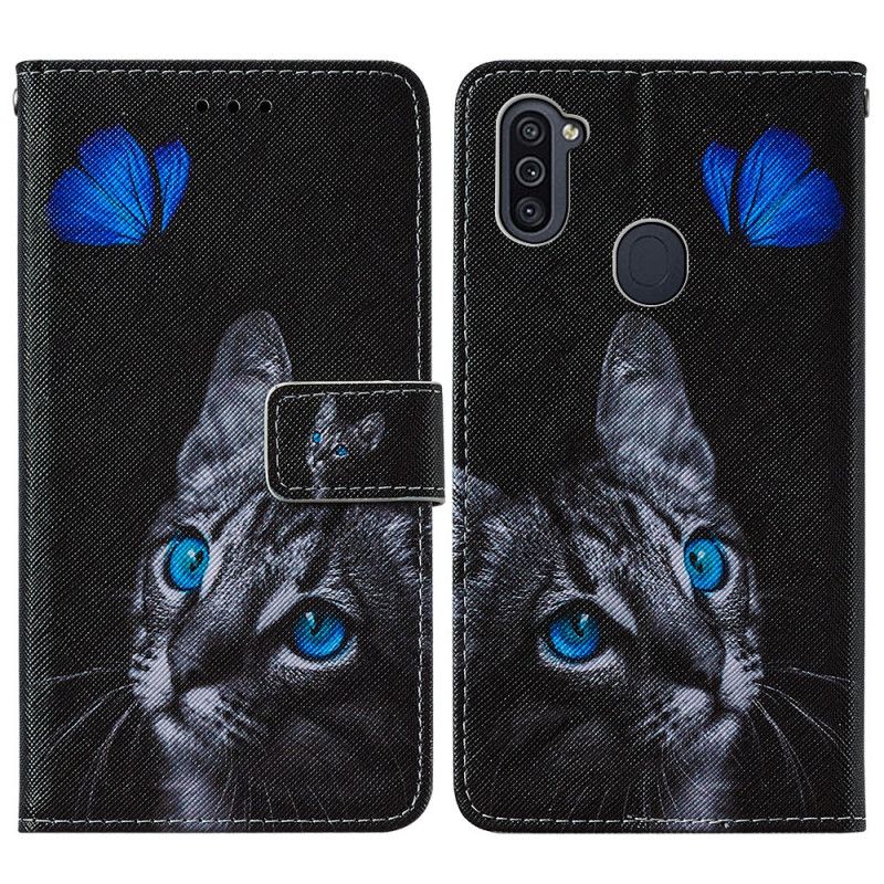 Cover Folio-hoesje Samsung Galaxy M11 Telefoonhoesje Kat En Blauwe Vlinder