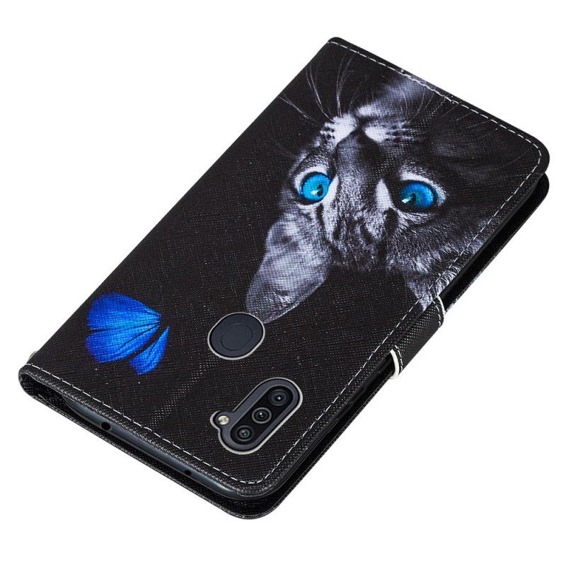 Cover Folio-hoesje Samsung Galaxy M11 Telefoonhoesje Kat En Blauwe Vlinder