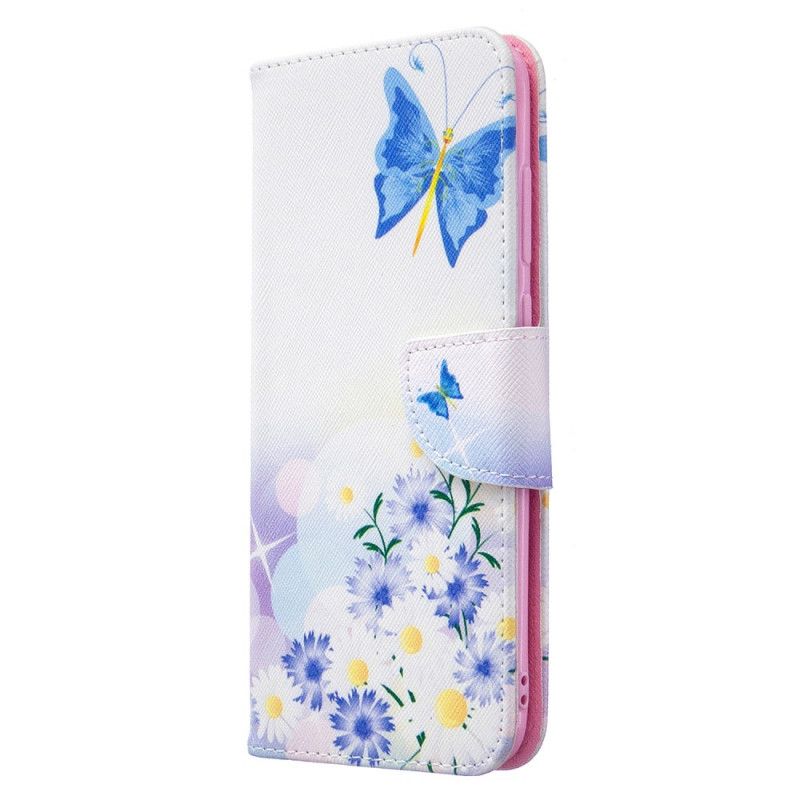 Flip Case Leren Samsung Galaxy M11 Lichtblauw Magenta Geschilderde Vlinders En Bloemen