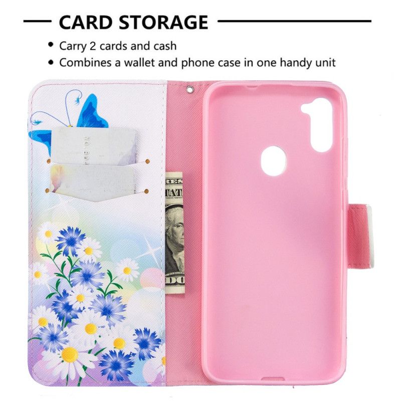 Flip Case Leren Samsung Galaxy M11 Lichtblauw Magenta Geschilderde Vlinders En Bloemen