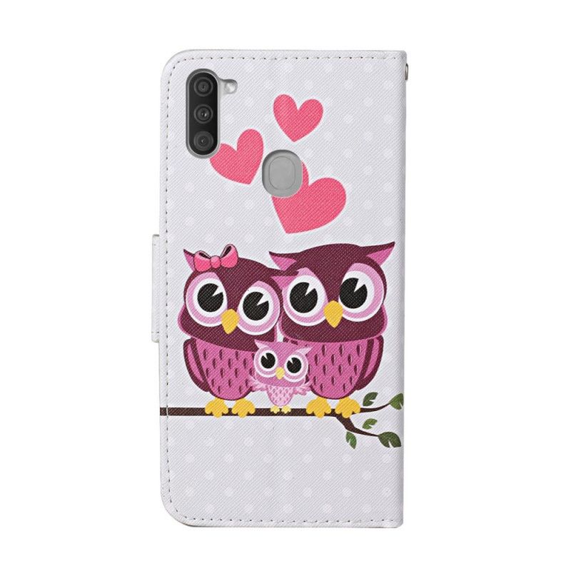 Flip Case Leren Samsung Galaxy M11 Uilenfamilie Met String