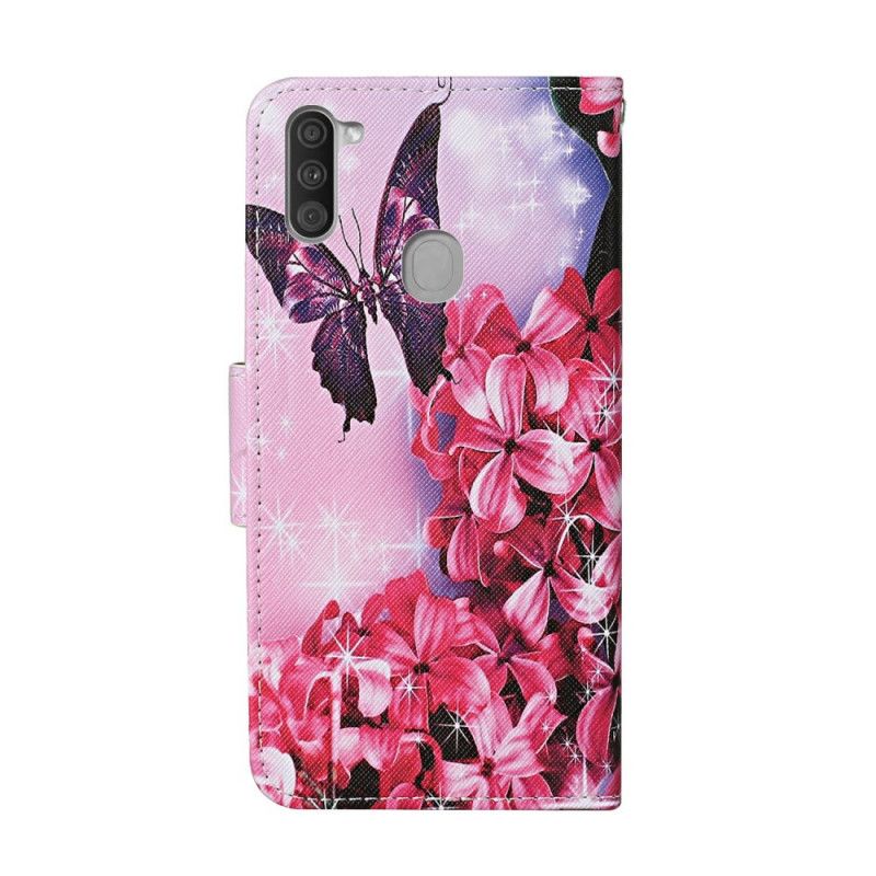 Leren Hoesje Samsung Galaxy M11 Roze Magenta Telefoonhoesje String Bloemenvlinders