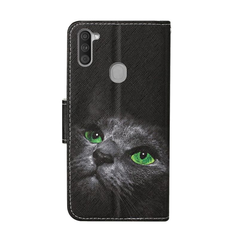 Leren Hoesje voor Samsung Galaxy M11 Kat Met Groene Ogen Met String