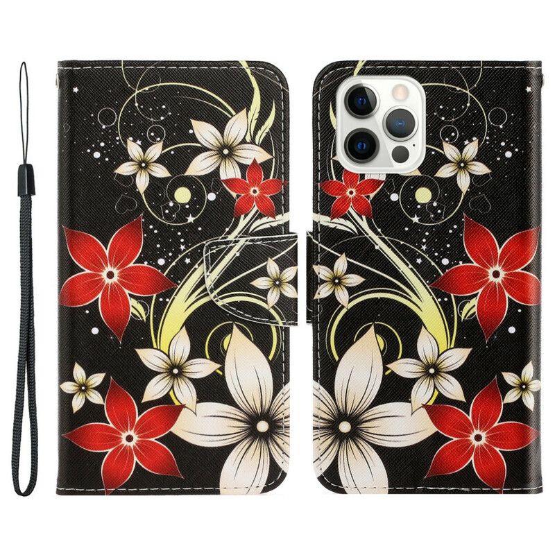 Folio-hoesje iPhone 13 Pro Kleurrijke Bloemen Met Bandjes