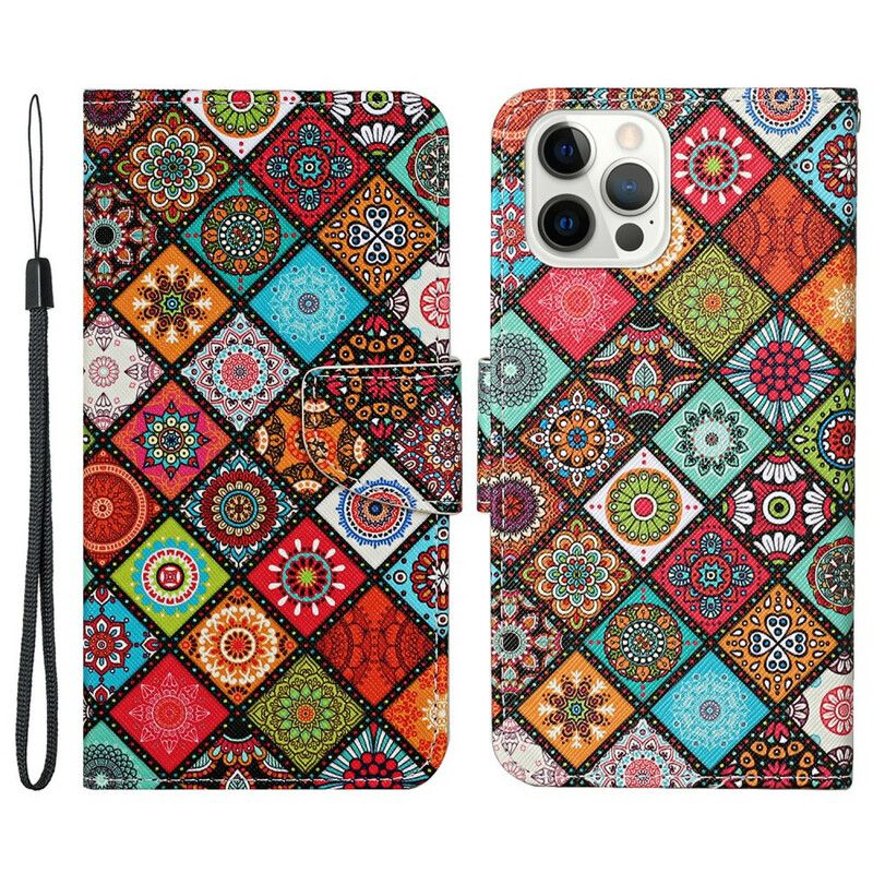 Folio-hoesje iPhone 13 Pro Patchwork-mandala's Met Koord