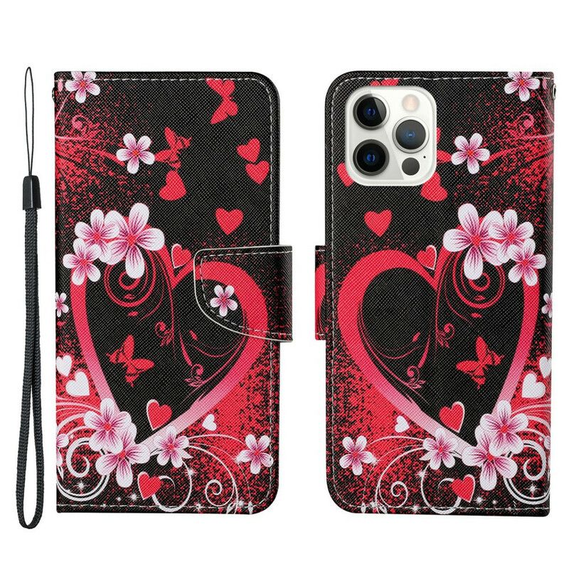 Folio-hoesje iPhone 13 Pro Telefoonhoesje Bloemen En Harten Met Lanyard