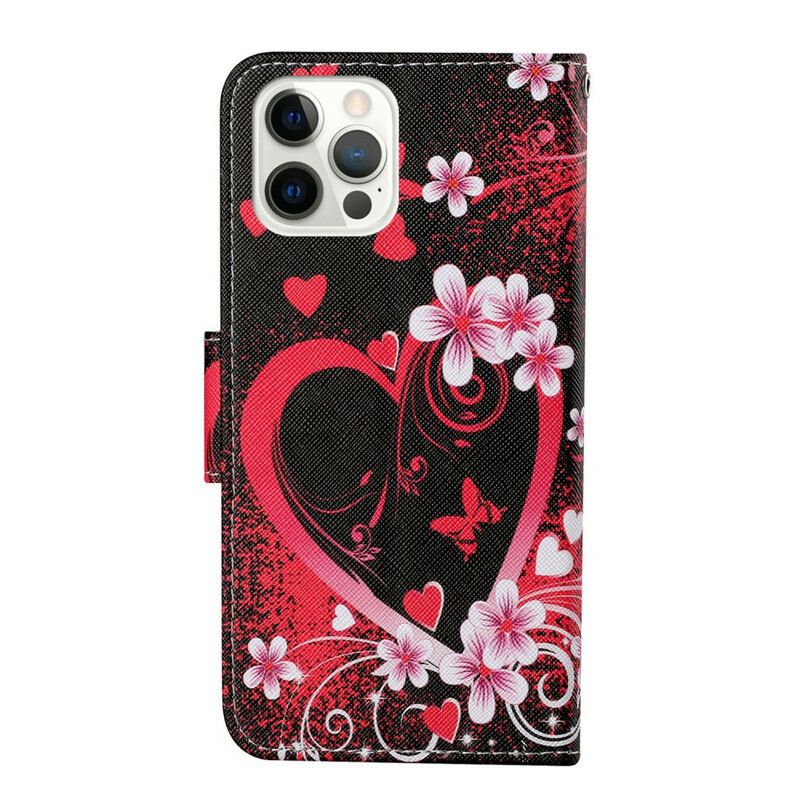 Folio-hoesje iPhone 13 Pro Telefoonhoesje Bloemen En Harten Met Lanyard