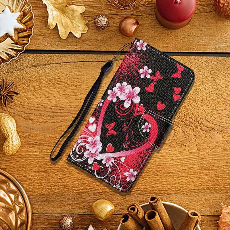 Folio-hoesje iPhone 13 Pro Telefoonhoesje Bloemen En Harten Met Lanyard