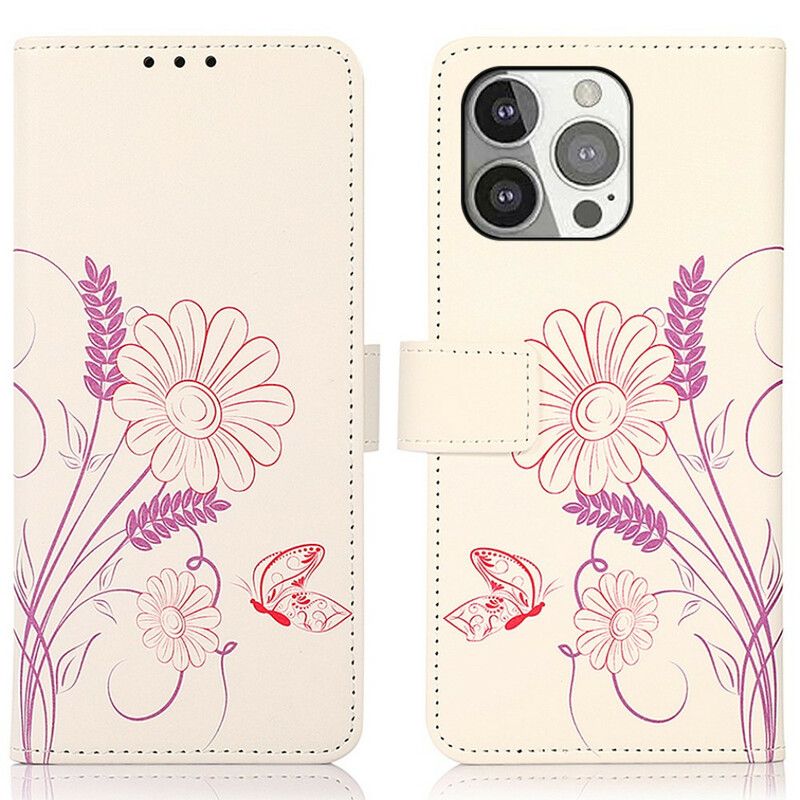 Folio-hoesje iPhone 13 Pro Telefoonhoesje Vlinders En Bloemen Tekenen