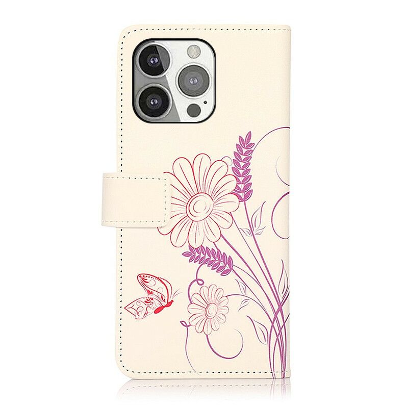 Folio-hoesje iPhone 13 Pro Telefoonhoesje Vlinders En Bloemen Tekenen