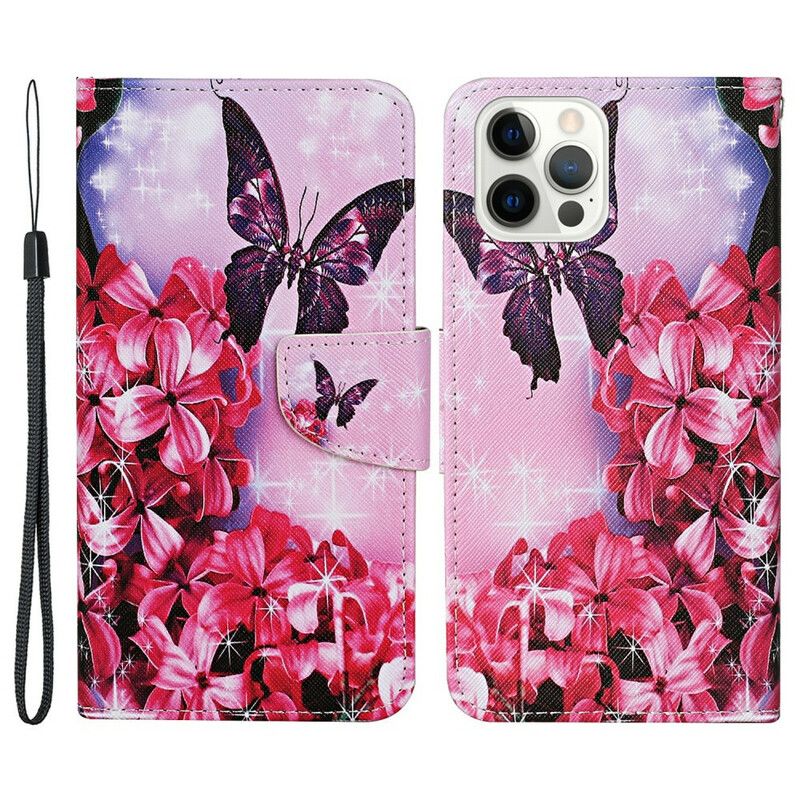 Folio-hoesje iPhone 13 Pro Vlinders En Lanyard