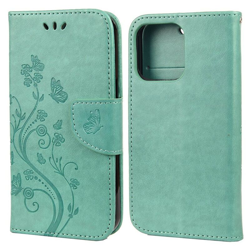 Leren Hoesje iPhone 13 Pro Bloemen Strappy Bescherming Hoesje