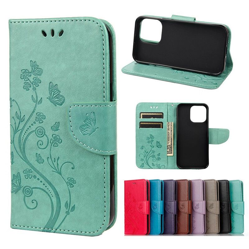 Leren Hoesje iPhone 13 Pro Bloemen Strappy Bescherming Hoesje