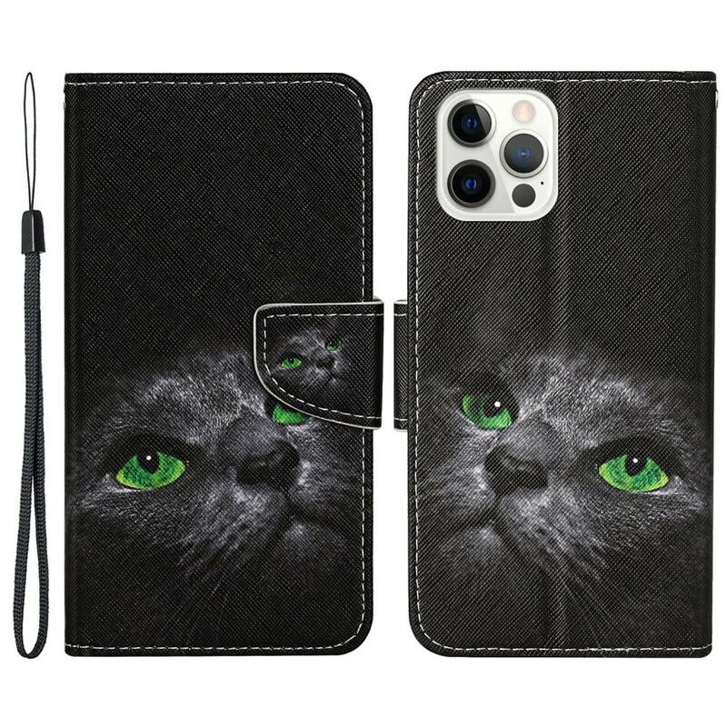 Leren Hoesje iPhone 13 Pro Groene Kattenogen Met Lanyard Bescherming Hoesje