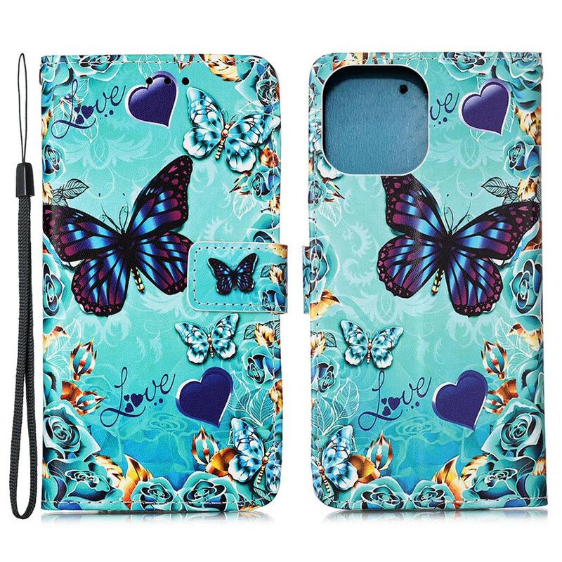 Leren Hoesje iPhone 13 Pro Liefde Vlinders Strappy Bescherming Hoesje