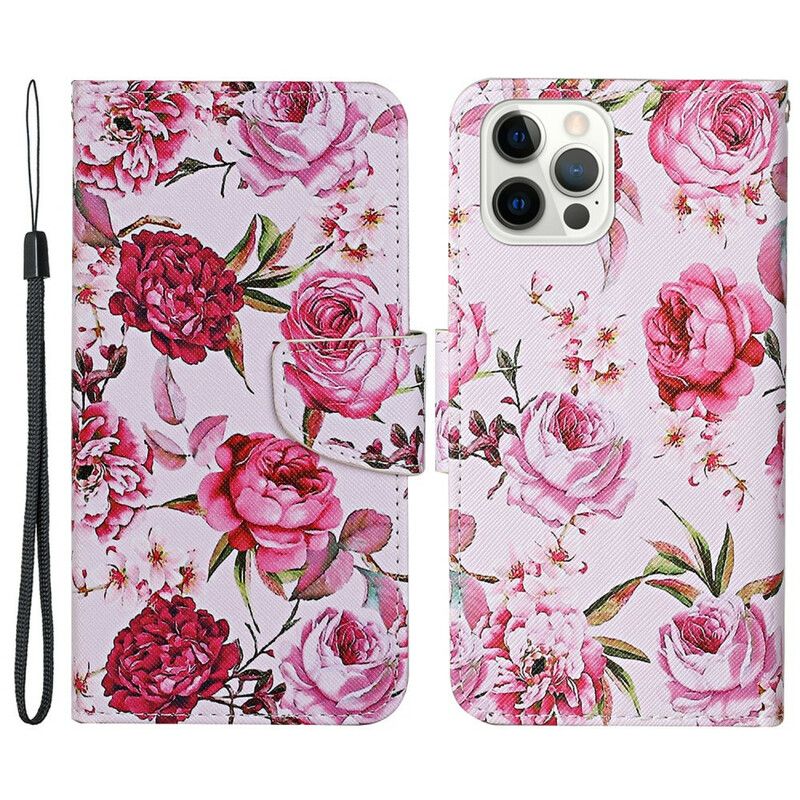 Leren Hoesje iPhone 13 Pro Meesterlijke Bloemen Met Riem Bescherming Hoesje