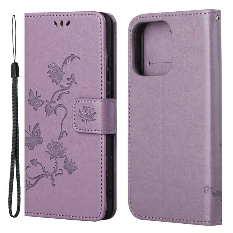 Leren Hoesje iPhone 13 Pro Vlinders En Bloemen Strappy Bescherming Hoesje