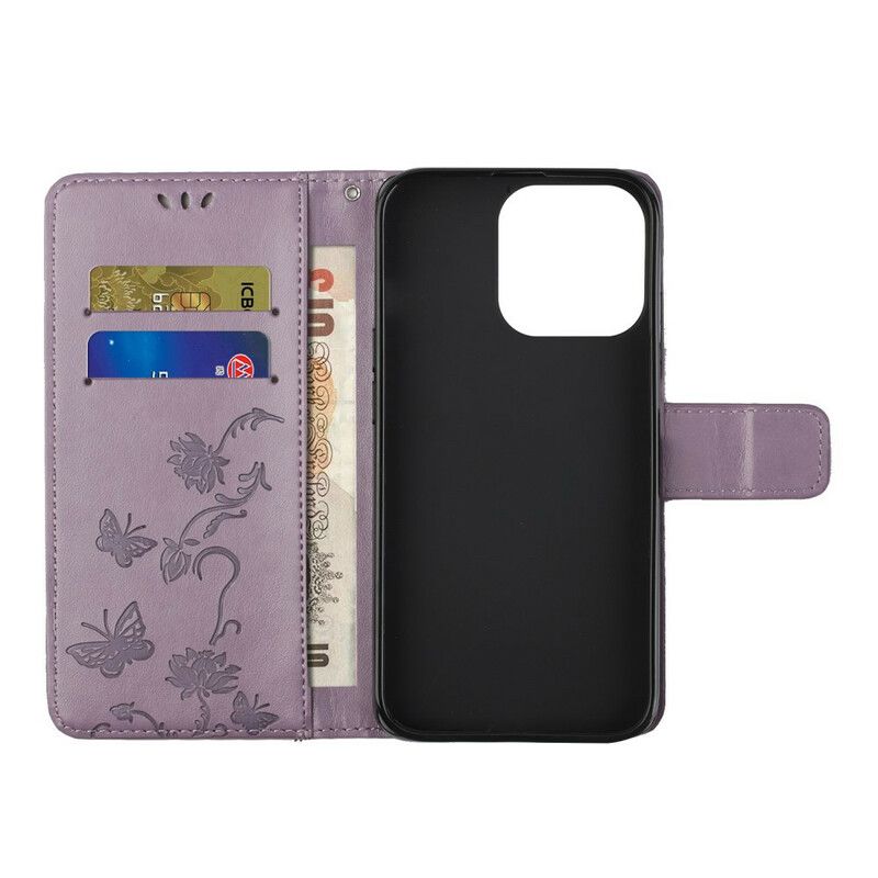 Leren Hoesje iPhone 13 Pro Vlinders En Bloemen Strappy Bescherming Hoesje