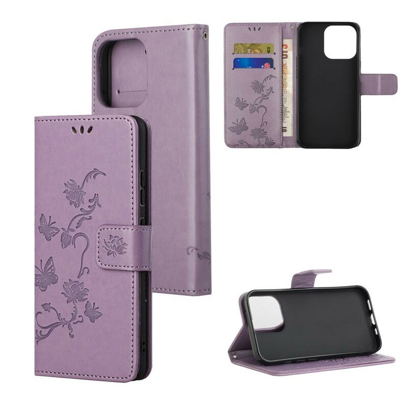 Leren Hoesje iPhone 13 Pro Vlinders En Bloemen Strappy Bescherming Hoesje