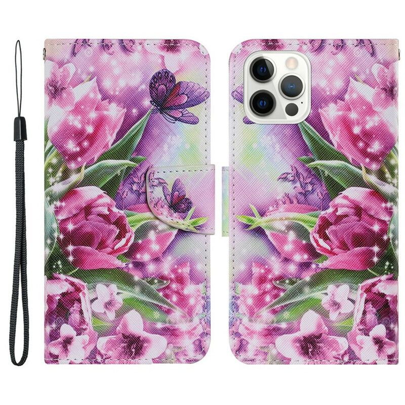 Leren Hoesje iPhone 13 Pro Vlinders En Tulpen Bescherming Hoesje