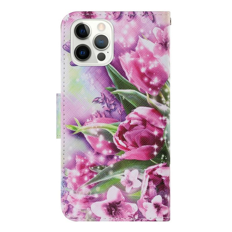 Leren Hoesje iPhone 13 Pro Vlinders En Tulpen Bescherming Hoesje