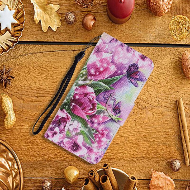 Leren Hoesje iPhone 13 Pro Vlinders En Tulpen Bescherming Hoesje