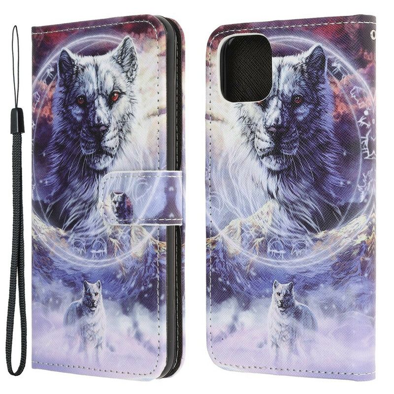 Leren Hoesje iPhone 13 Pro Wolf In Winter Met Lanyard