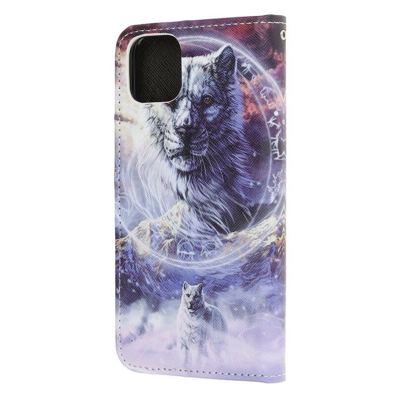 Leren Hoesje iPhone 13 Pro Wolf In Winter Met Lanyard