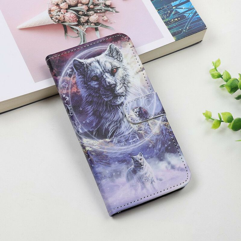 Leren Hoesje iPhone 13 Pro Wolf In Winter Met Lanyard