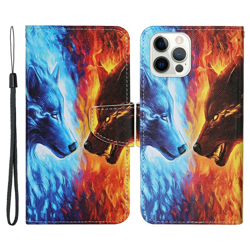 Leren Hoesje iPhone 13 Pro Wolf Oorlog Met Lanyard Bescherming Hoesje