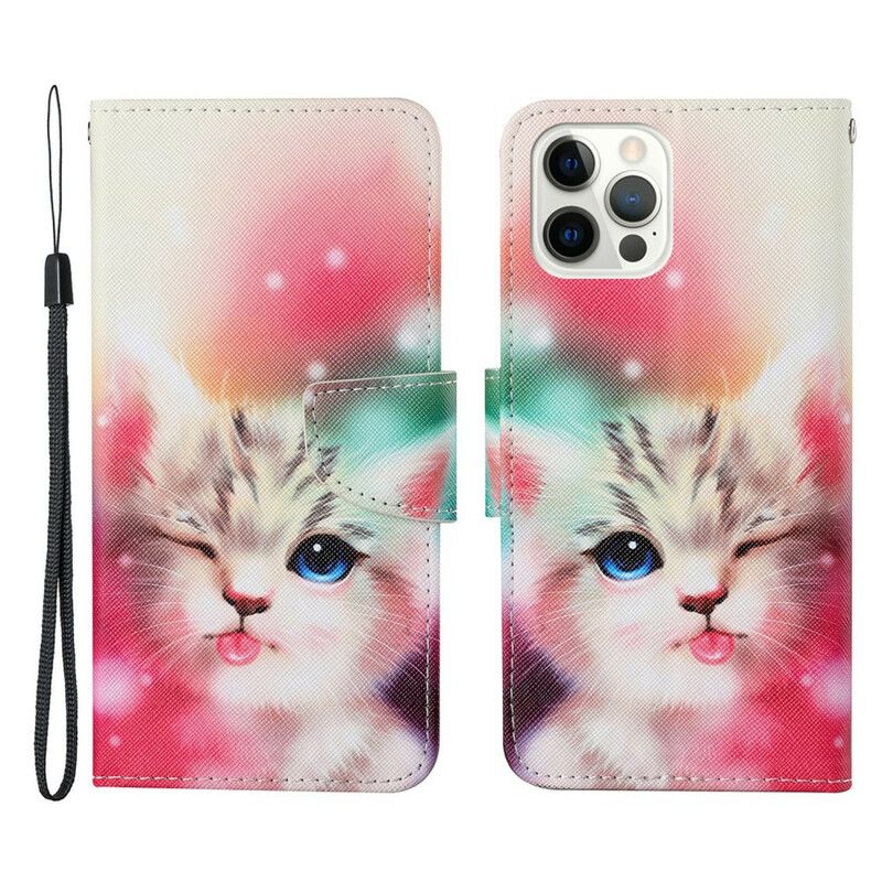 Leren Hoesje Voor iPhone 13 Pro Verhalen Van Kat Met Koord