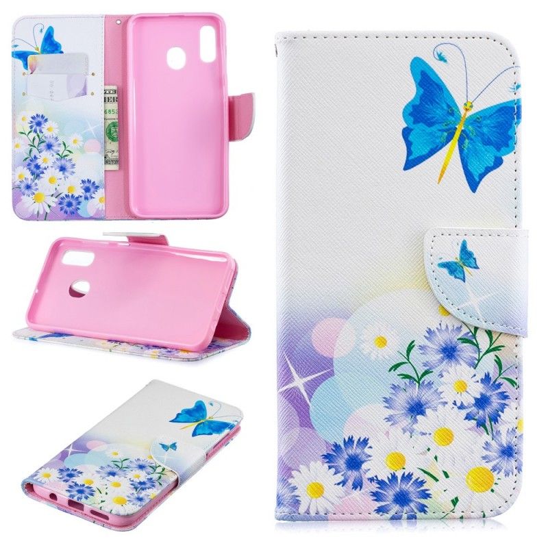 Cover Folio-hoesje Samsung Galaxy A30 Magenta Telefoonhoesje Geschilderde Vlinders En Bloemen