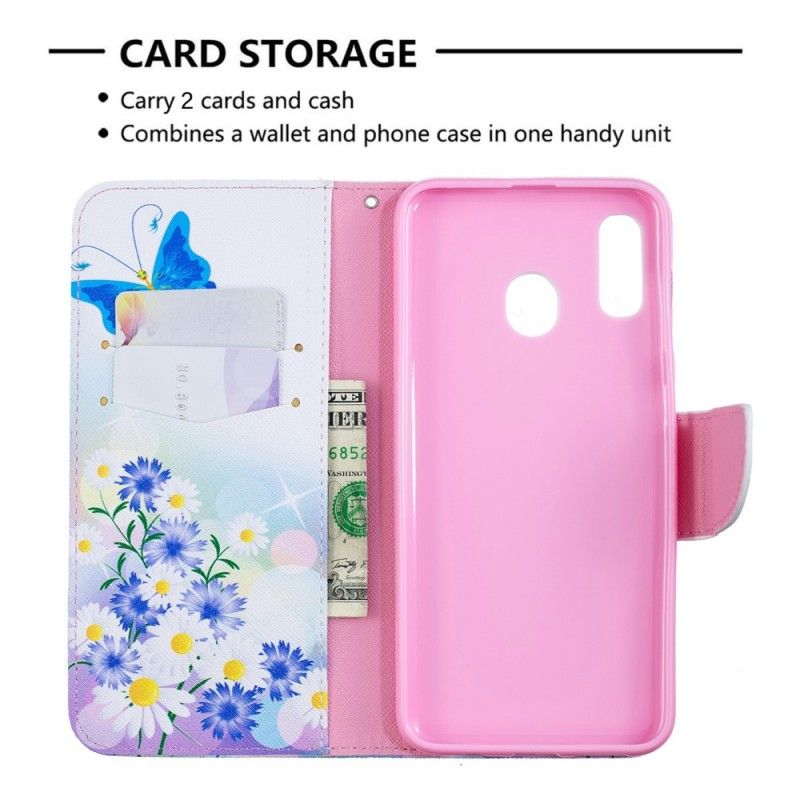 Cover Folio-hoesje Samsung Galaxy A30 Magenta Telefoonhoesje Geschilderde Vlinders En Bloemen