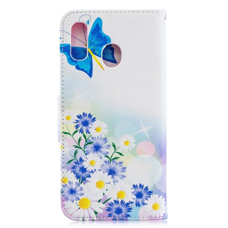 Cover Folio-hoesje Samsung Galaxy A30 Magenta Telefoonhoesje Geschilderde Vlinders En Bloemen