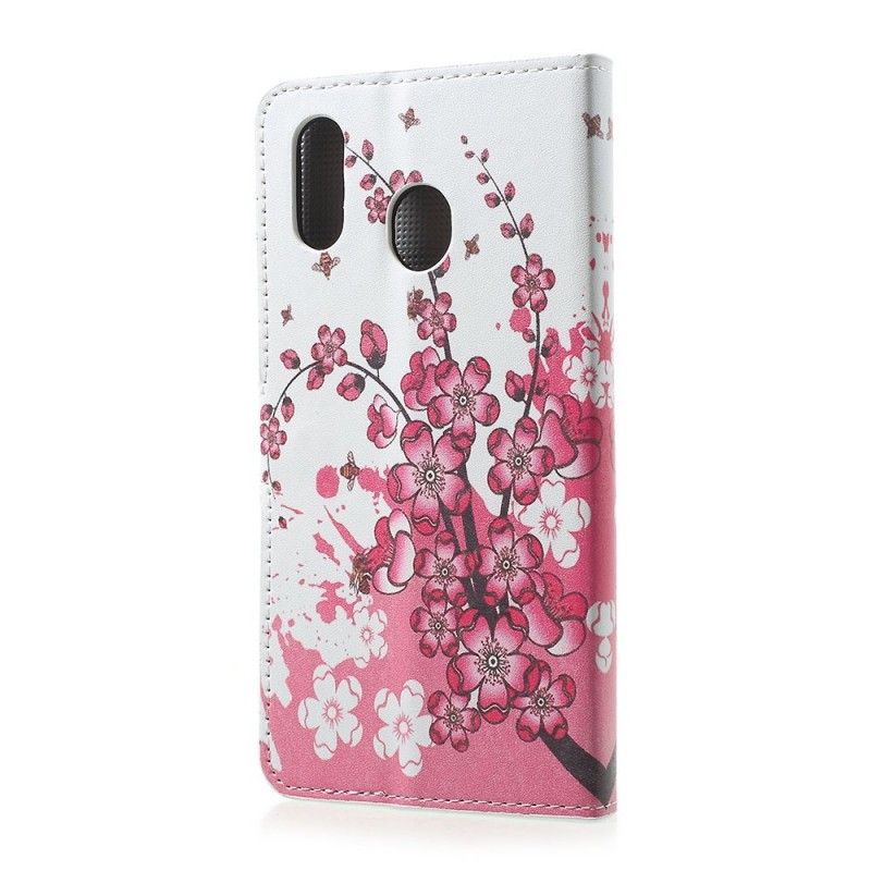Leren Hoesje Samsung Galaxy A30 Magenta Telefoonhoesje Tropische Bloemen