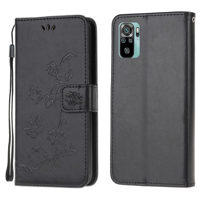 Bescherming Hoesje Xiaomi Redmi Note 10 / Note 10S Grijs Zwart Vlinders En Bloemen