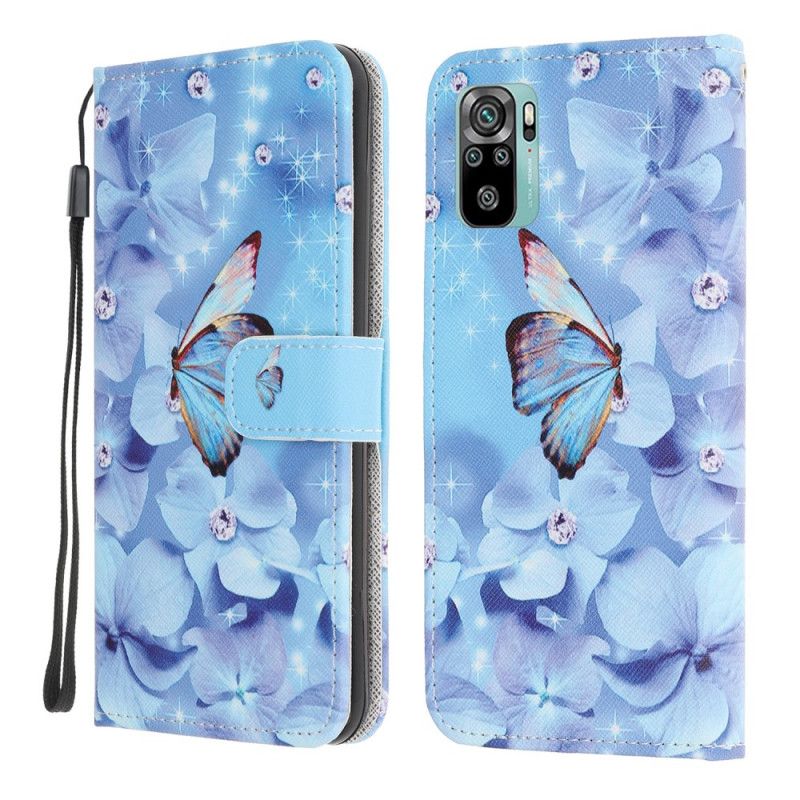 Leren Hoesje voor Xiaomi Redmi Note 10 / Note 10S Diamanten Vlinders Met String