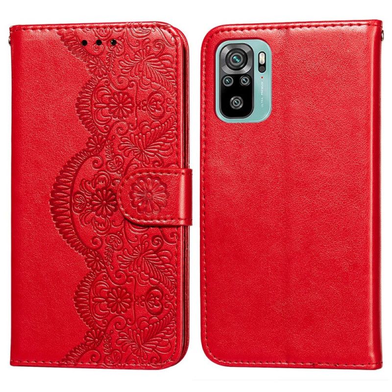 Leren Hoesje Xiaomi Redmi Note 10 / Note 10S Lichtblauw Rood Bloemenborduurprint