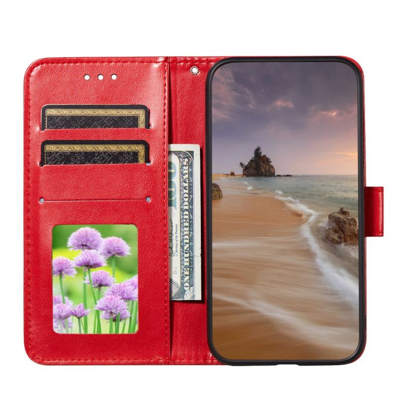 Leren Hoesje Xiaomi Redmi Note 10 / Note 10S Lichtblauw Rood Bloemenborduurprint