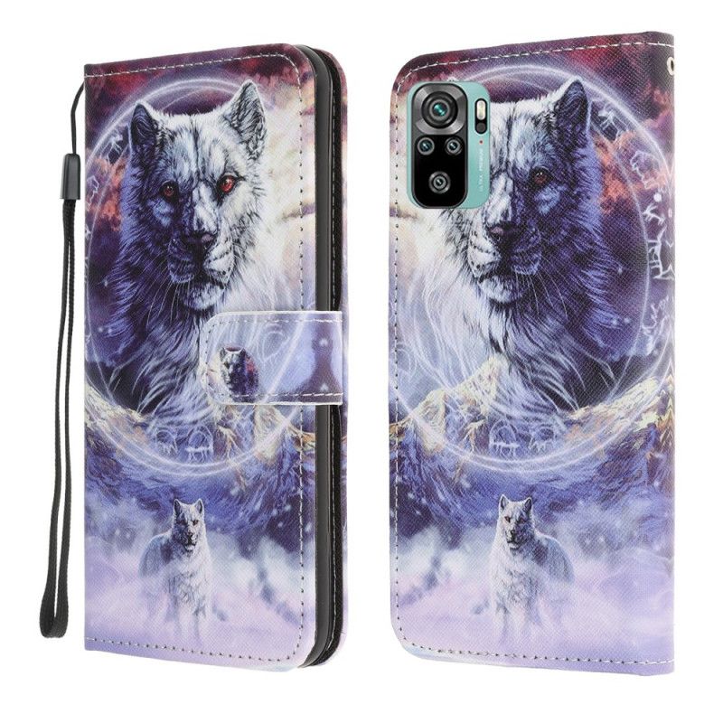 Leren Hoesje Xiaomi Redmi Note 10 / Note 10S Wolf In De Winter Met String