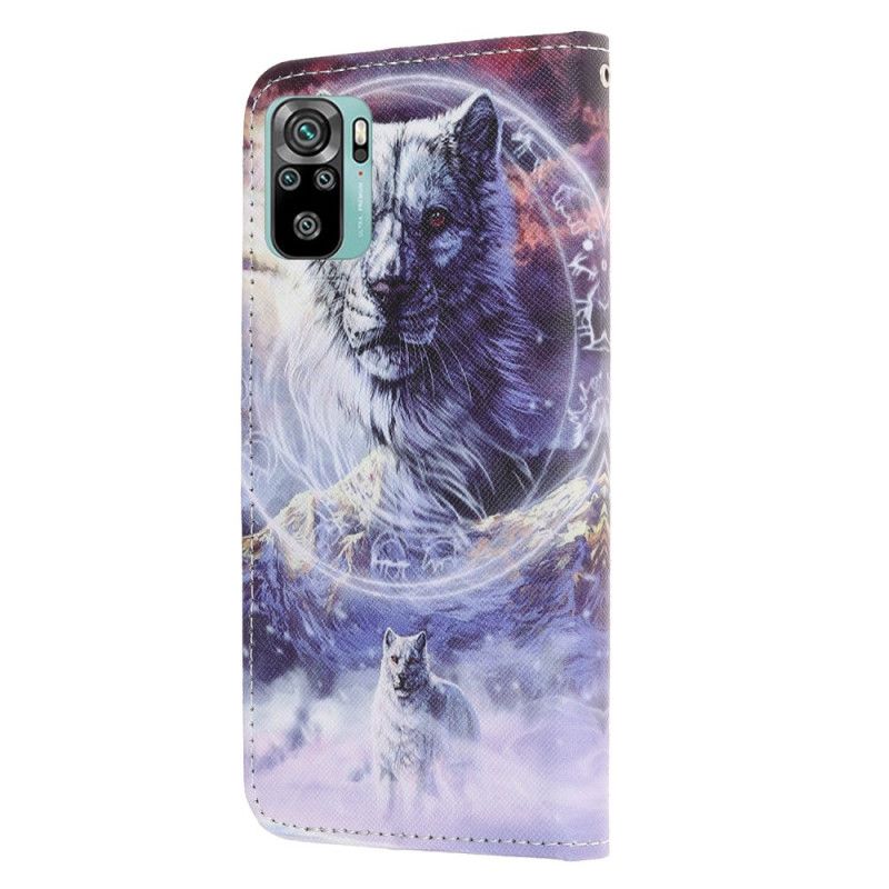 Leren Hoesje Xiaomi Redmi Note 10 / Note 10S Wolf In De Winter Met String