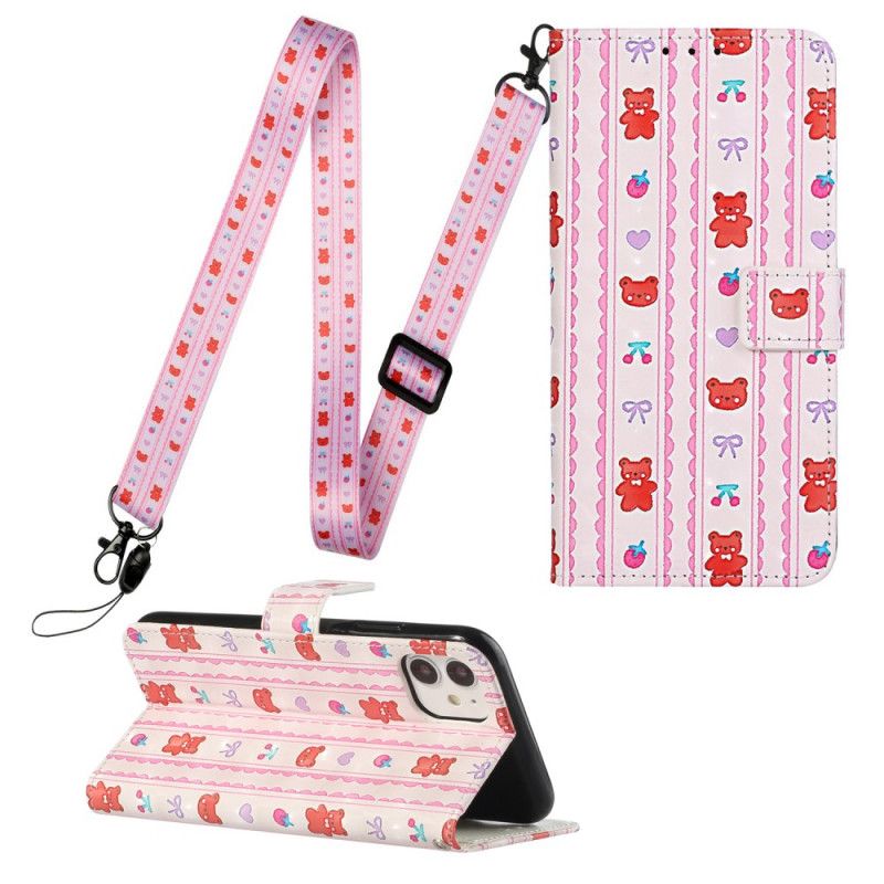 Flip Case Leren iPhone 11 Verstelbare Riem Van Teddybeer