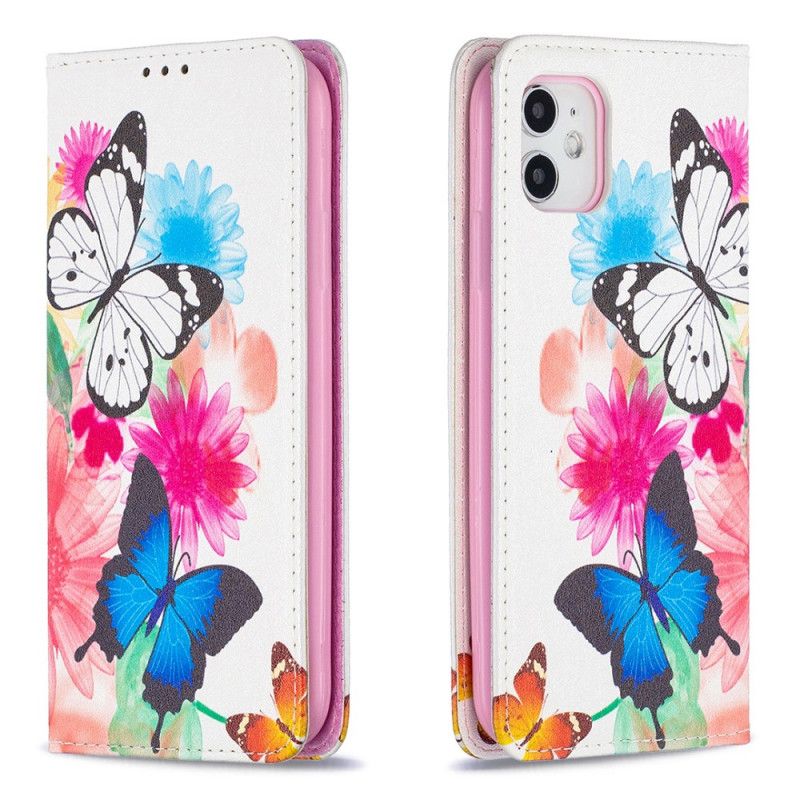 Folio-hoesje iPhone 11 Lichtblauw Wit Telefoonhoesje Kleurrijke Vlinders