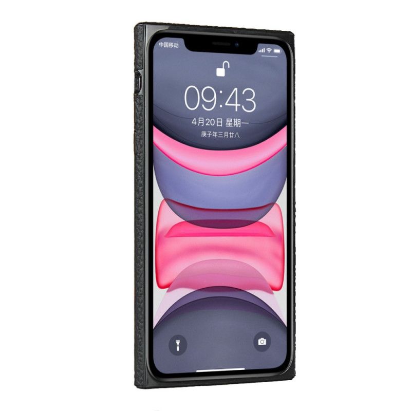 Hoesje voor iPhone 11 Grijs Zwart Echt Lychee Leer Met Riempje