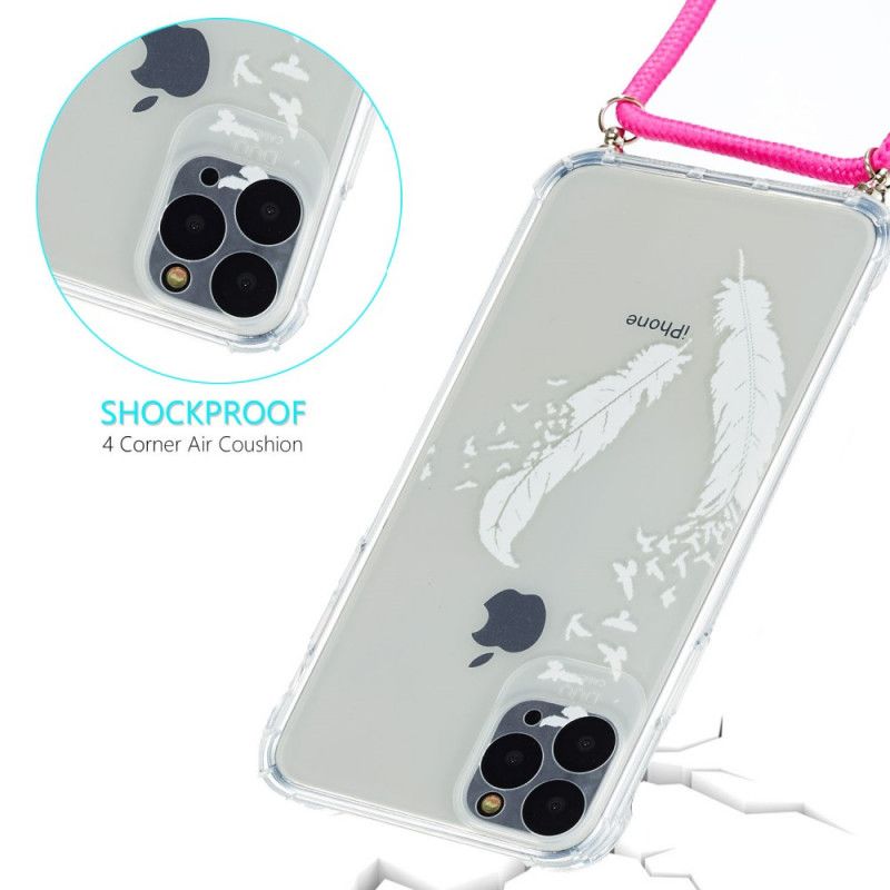 Hoesje voor iPhone 11 Wit Zwart Veren Koord