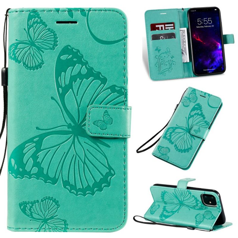 Leren Hoesje iPhone 11 Cyaan Rood Reuze String Vlinders