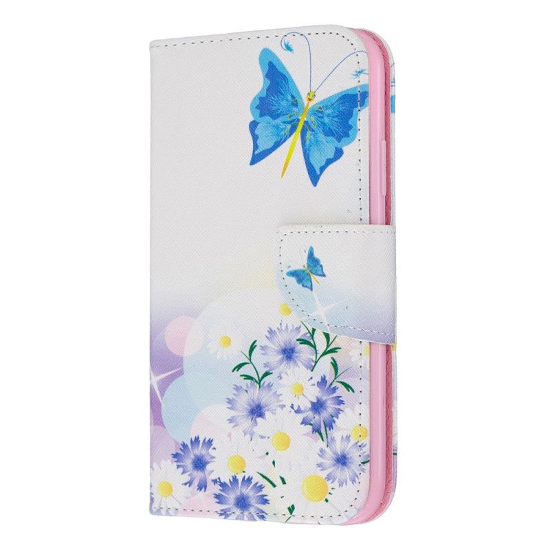 Leren Hoesje iPhone 11 Lichtblauw Magenta Telefoonhoesje Geschilderde Vlinders En Bloemen