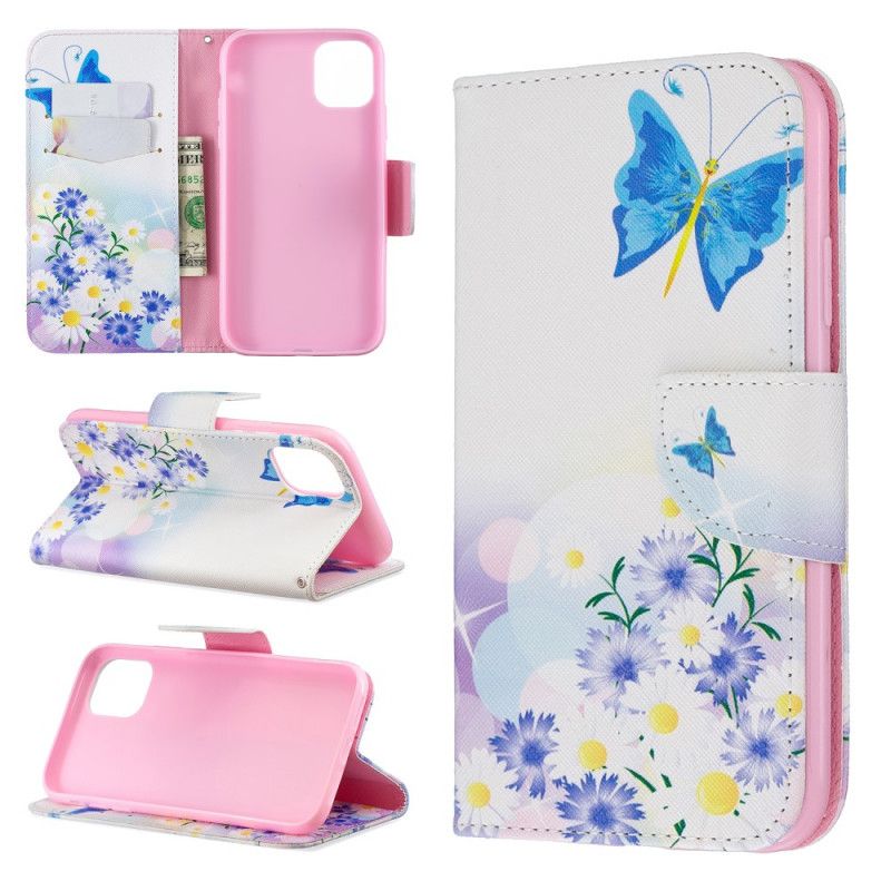 Leren Hoesje iPhone 11 Lichtblauw Magenta Telefoonhoesje Geschilderde Vlinders En Bloemen