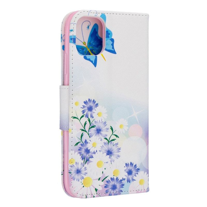 Leren Hoesje iPhone 11 Lichtblauw Magenta Telefoonhoesje Geschilderde Vlinders En Bloemen